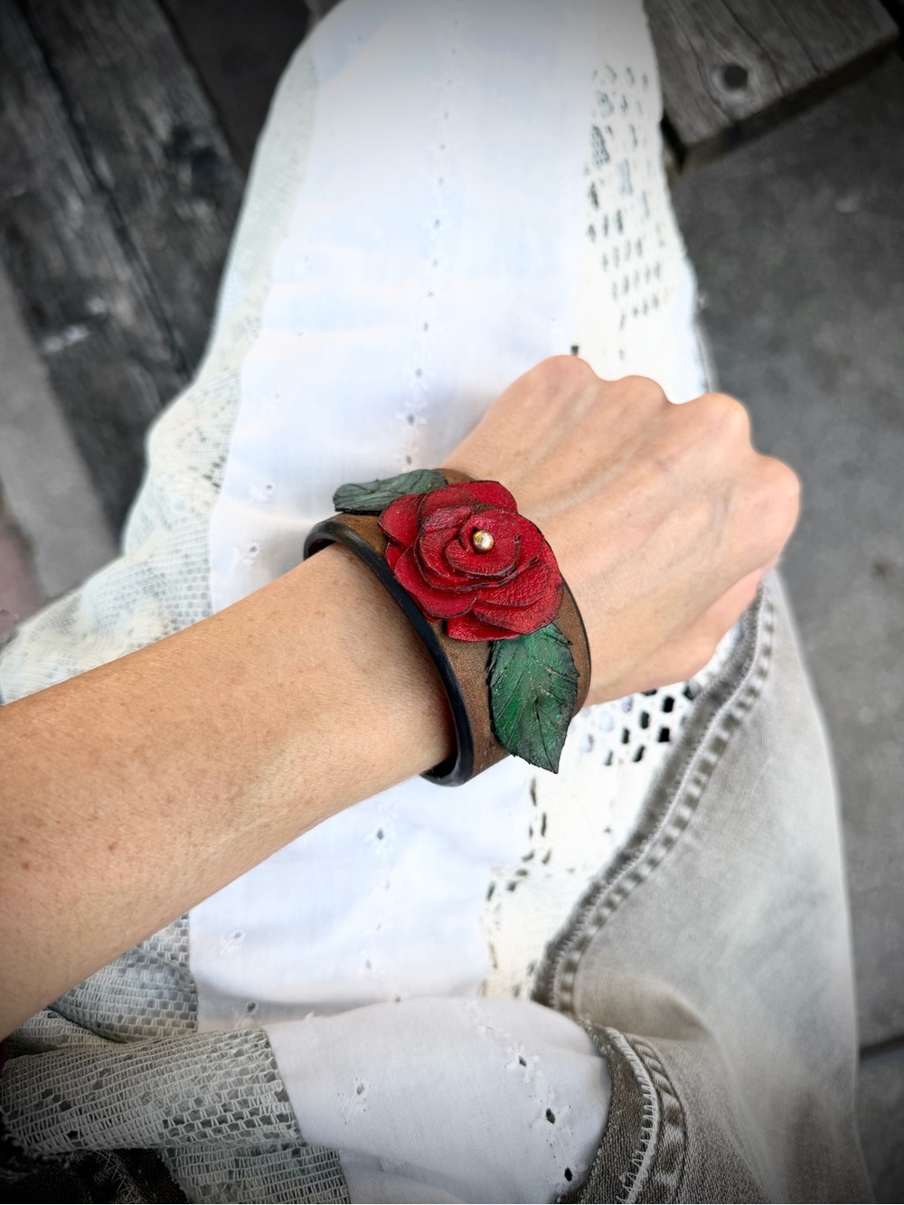THE CRIMSON ROSE | Rustic Red Rose Leaves Upcycled Leather Cuff Bracelet